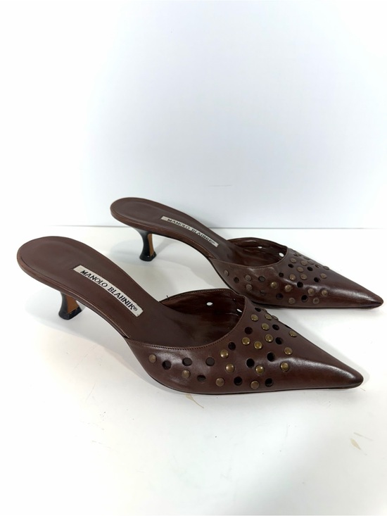 Manolo Blahnik Shoes - Manolo Blahnik Brown Leather Studded Pointed Toe Kitten Heel Mules Size 38